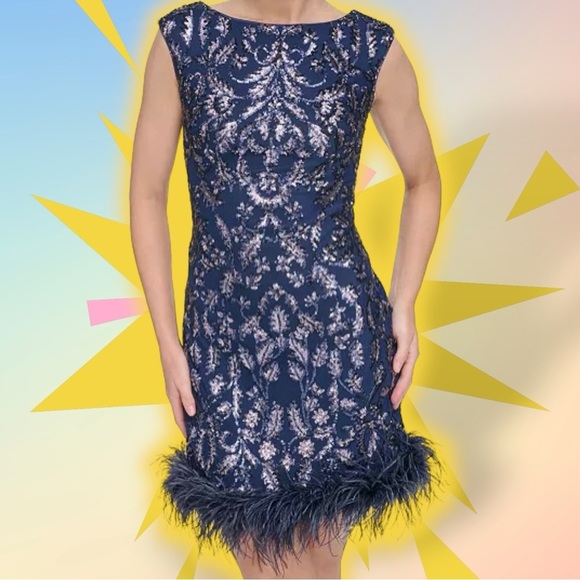 NWT Eliza J Navy Blue ‘Sequin Boat Neck Sleeveless Feather Trim Sheath Dress’ 6 - Picture 2 of 14